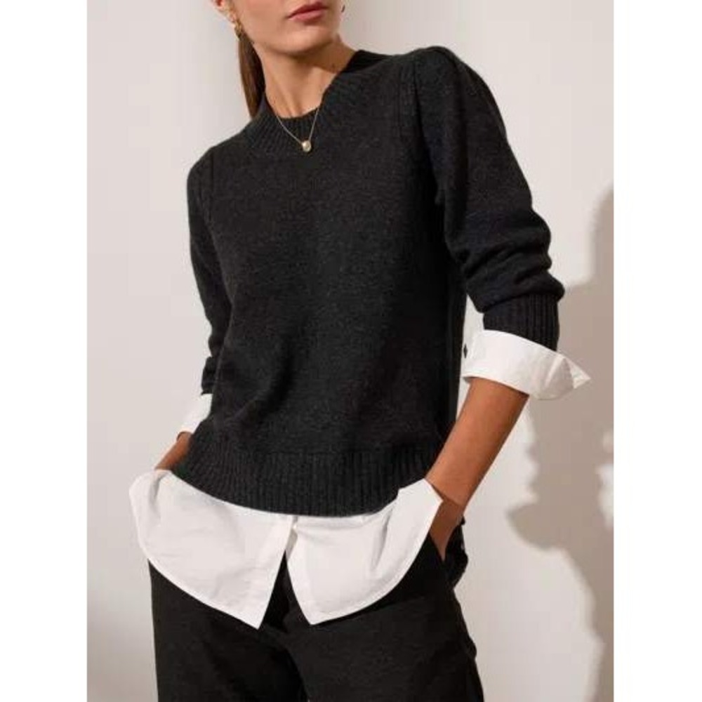 Brochu Walker Eton Layered Crew Looker Women L Black Wool Cashmere Sweater